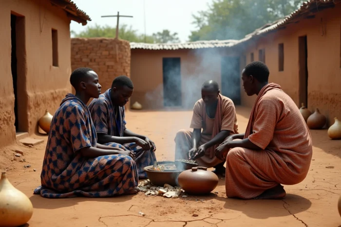 Femmes et hommes de Koriom préparant un repas traditionnel autour d'un feu en plein air au Soudan du Sud
