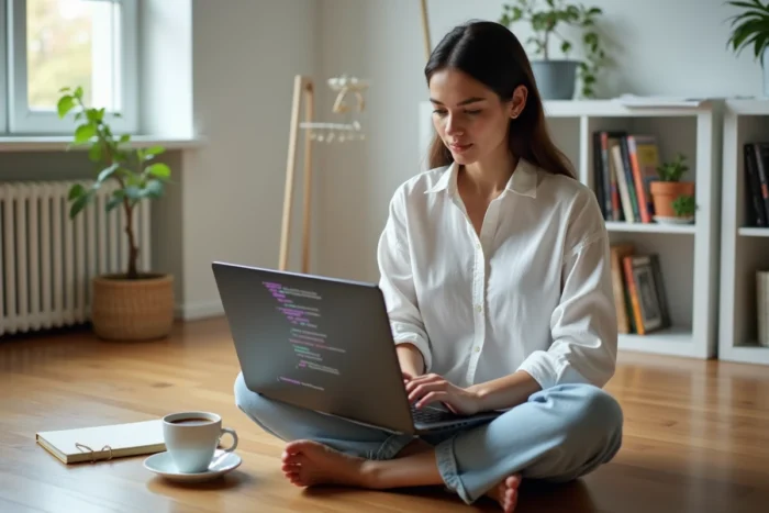 Développeuse utilisant un IDE en thème sombre sur un laptop dans un espace de travail minimaliste à domicile