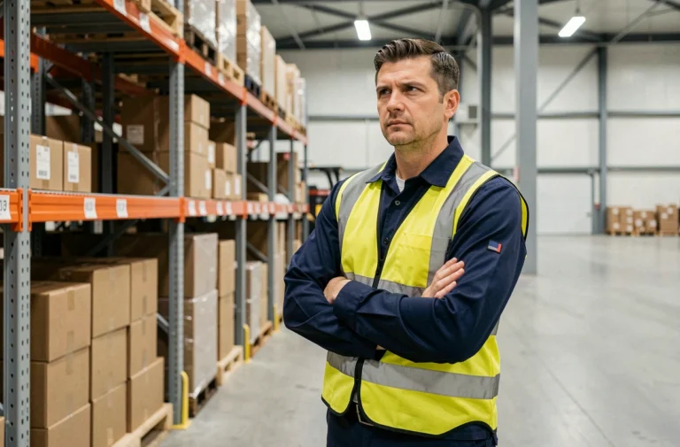 Employé de entrepôt Kühne Nagel en uniforme bleu réfléchissant dans un grand centre de distribution logistique