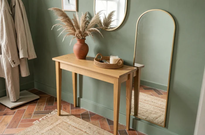 Entrée de maison accueillante avec console en chêne, miroir en laiton et décoration naturelle en herbe de pampa