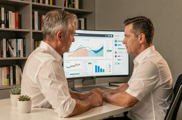 Entrepreneur analysant un tableau de bord marketing digital sur un écran dans un bureau épuré