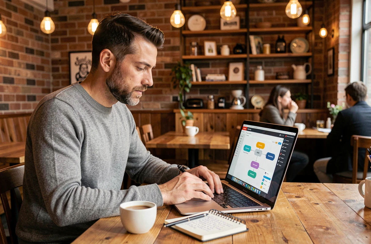 Entrepreneur indépendant travaillant sur une stratégie de marketing digital dans un café urbain