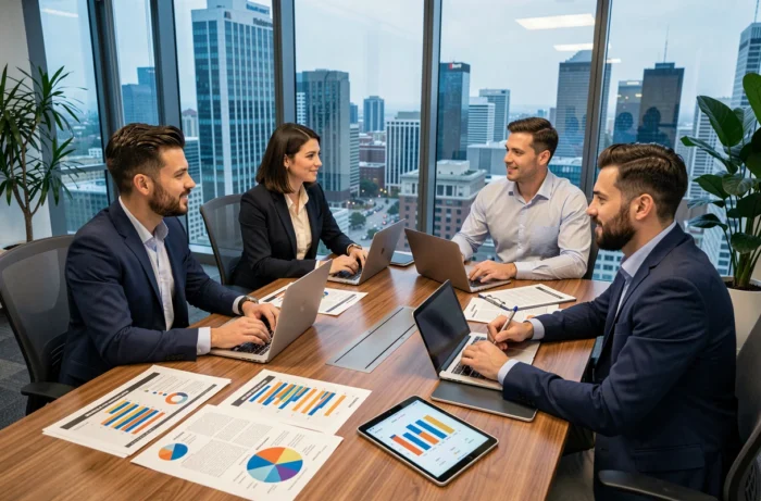 Équipe marketing en réunion autour d'une table avec des rapports de croissance et des laptops
