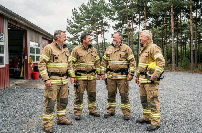 Équipe de pompiers volontaires en Gironde réunie devant une caserne entourée de forêt de pins