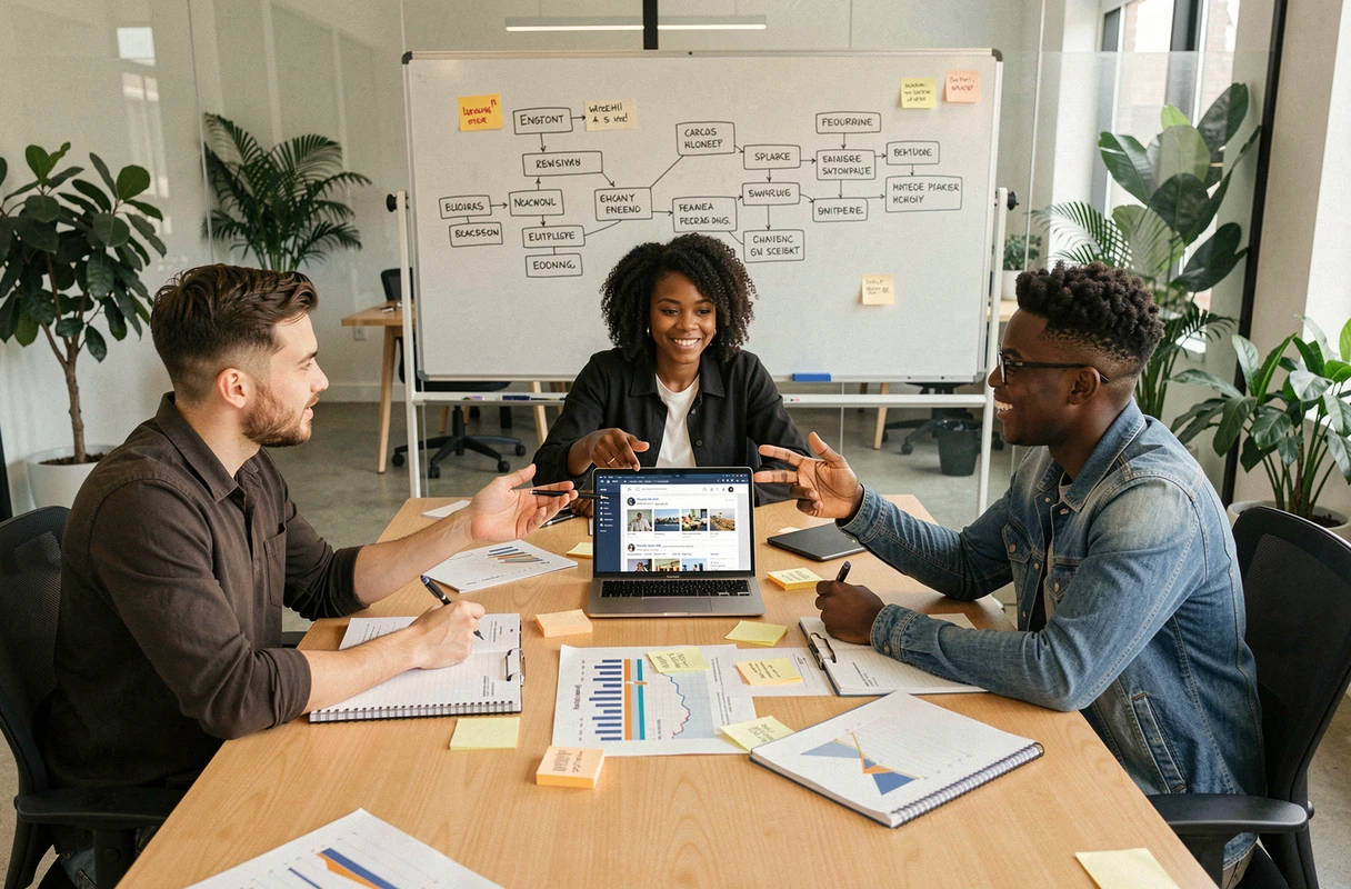 Équipe de professionnels collaborant autour d'une stratégie de marketing digital en salle de réunion