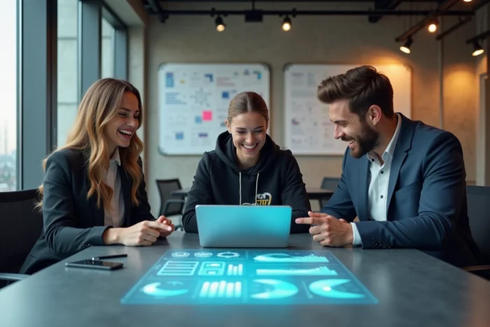 Équipe de professionnels de la tech discutant d'innovations numériques autour d'une table dans un bureau moderne
