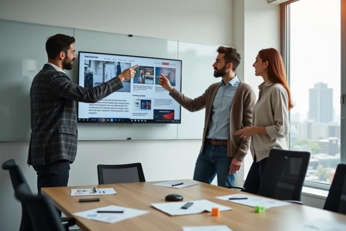 Team of colleagues analyzing the latest web trends and discoveries on a large screen in a meeting room