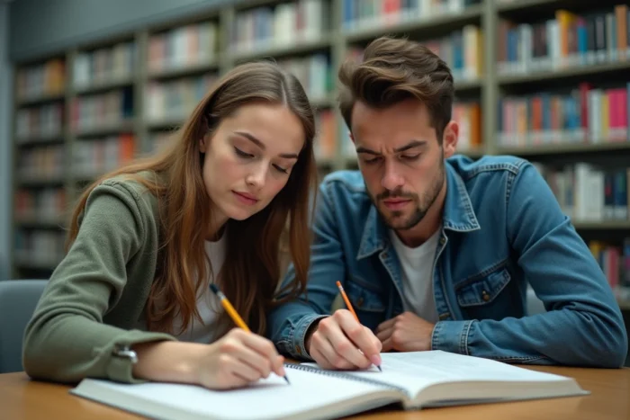 Deux étudiants qui étudient ensemble les règles de conjugaison du futur et du conditionnel en français dans une bibliothèque