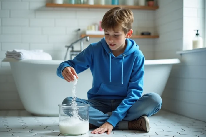 Adolescent réalisant une expérience avec du bicarbonate de soude et de l'eau dans une salle de bain pour créer de la mousse