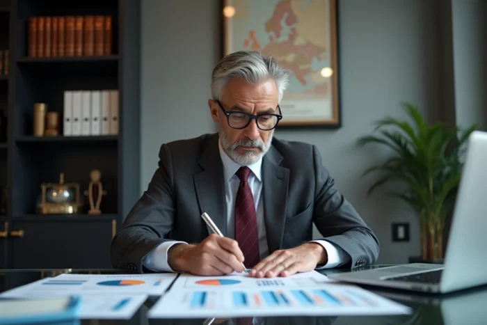 Expert financier en immobilier analysant un dossier de simulation de prêt immobilier dans un bureau professionnel moderne