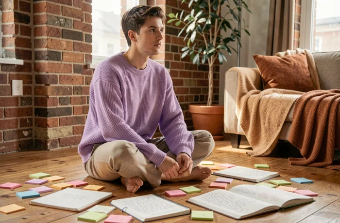 Jeune adulte en pull lavande assis sur un plancher en bois entouré de carnets et notes manuscrites, illustrant la réflexion identitaire et l'exploration du genre