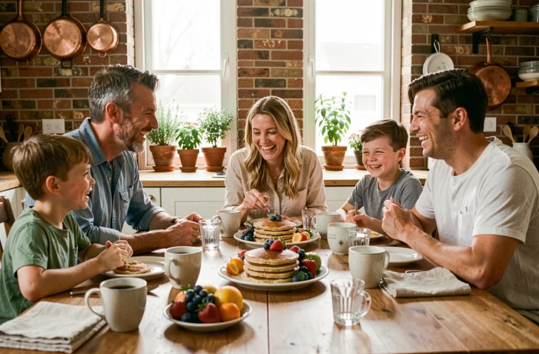 Famille réunie autour d'une table en bois pour un petit-déjeuner convivial le dimanche matin, ambiance chaleureuse et naturelle