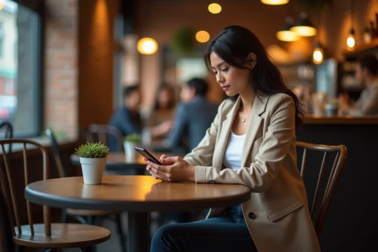 Femme consultant l'actualité en temps réel sur son smartphone dans un café moderne