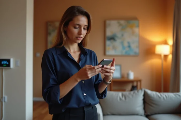 Femme évaluant une alternative gratuite à Tuya sur son smartphone dans un salon connecté équipé d'appareils domotiques