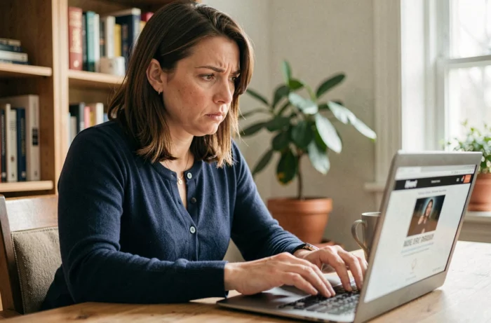 Femme méfiante regardant un site web suspect sur son ordinateur portable dans un bureau à domicile