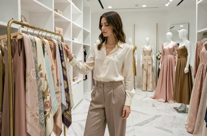 Jeune femme en blouse de soie ivoire explorant des accessoires de luxe dont des foulards en soie dans une boutique haut de gamme au décor minimaliste