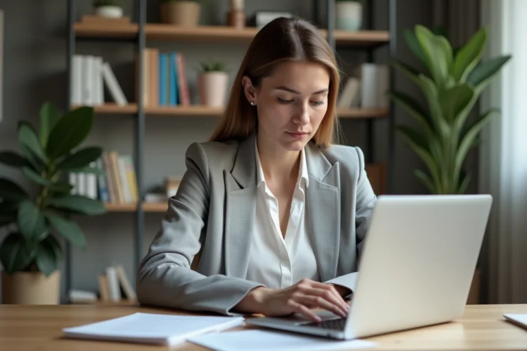 Femme en blazer gris analysant des documents financiers sur un bureau en bois dans un bureau à domicile moderne