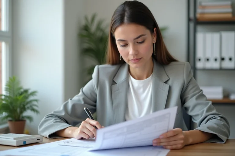 Femme professionnelle consultant un modèle de panneau de déclaration préalable imprimé à son bureau