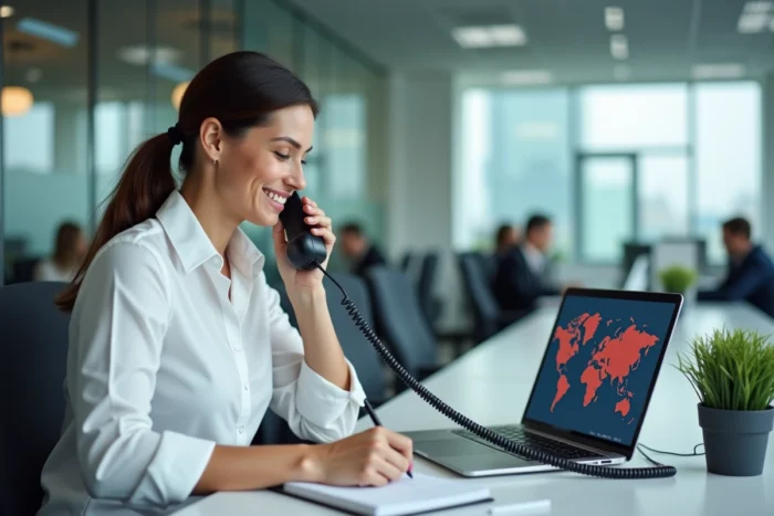 Femme en bureau composant un numéro international sur un téléphone fixe pour appeler l'Allemagne
