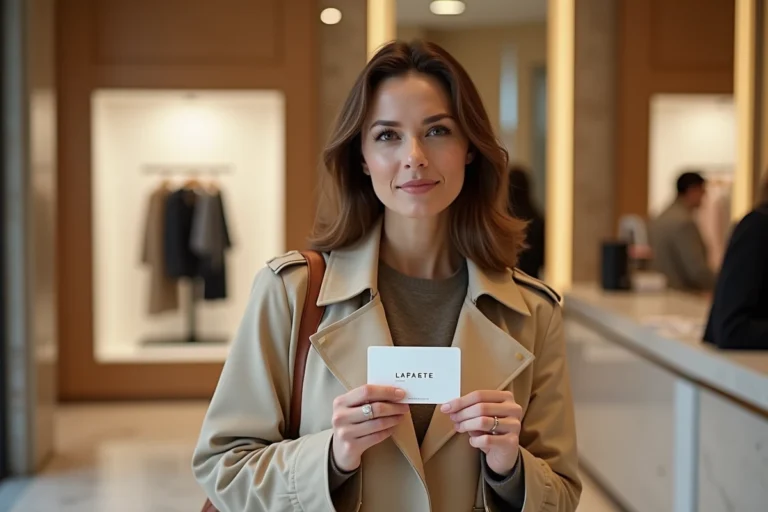Femme tenant une carte de fidélité Galeries Lafayette à la caisse d'un grand magasin parisien
