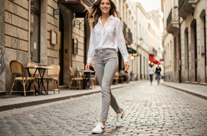 Femme portant des chaussures Sursell en marchant sur une rue pavée, illustrant le confort et le style au quotidien