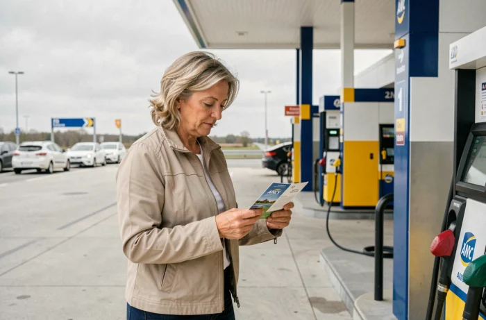 Femme utilisant des chèques ANCV pour payer l'essence dans une station-service moderne