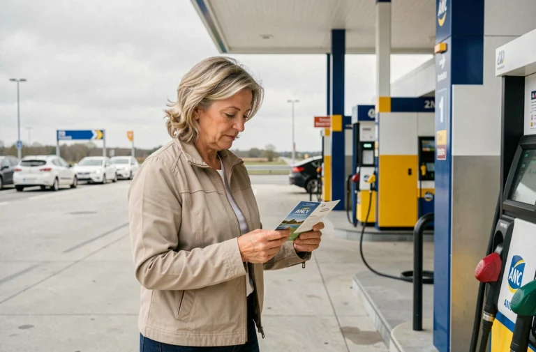 Femme utilisant des chèques ANCV pour payer l'essence dans une station-service moderne
