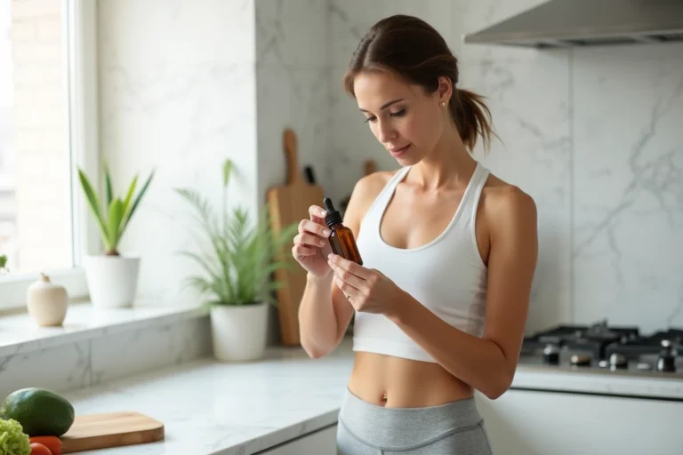 Femme tenant un flacon de complément alimentaire Climaxol dans une cuisine moderne, illustrant une routine santé et perte de poids