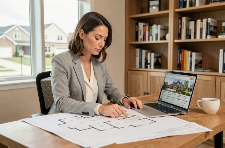 Femme professionnelle consultant des plans immobiliers dans un bureau à domicile moderne avec un ordinateur portable ouvert sur des annonces