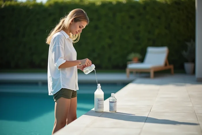 Femme lisant les instructions d'un clarifiant pour piscine avant de corriger un surdosage au bord de la piscine