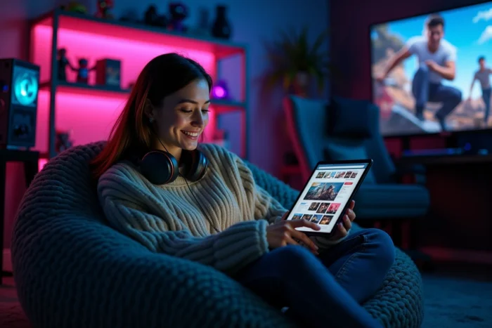 Femme passionnée de culture geek consultant un site d'actualité tech sur tablette dans une salle de gaming colorée