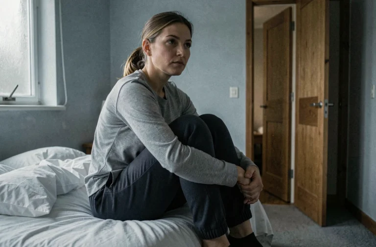 Femme en proie à une détresse émotionnelle assise seule sur son lit, illustrant les symptômes du trouble de stress post-traumatique