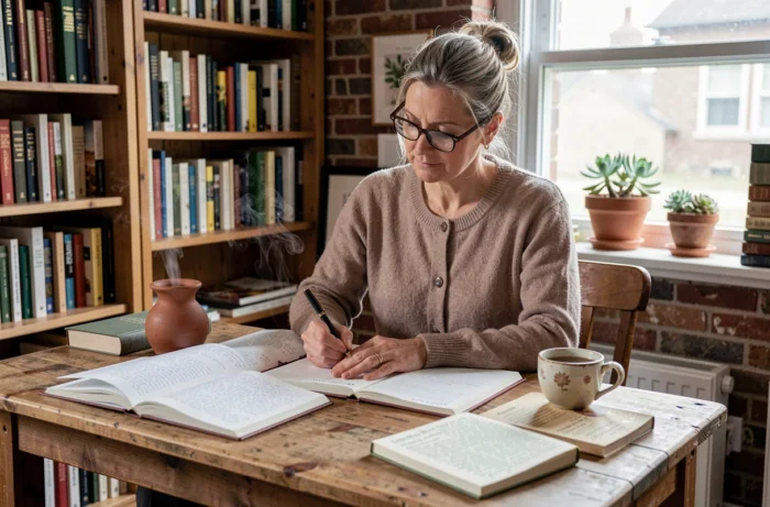 Femme étudiant la naturopathie à son bureau avec des livres, un journal de bien-être et une tasse de tisane