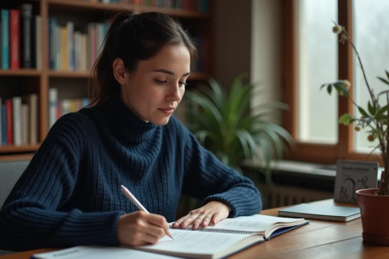 Femme concentrée qui relit ses notes de grammaire française sur les conjugaisons du conditionnel et du futur