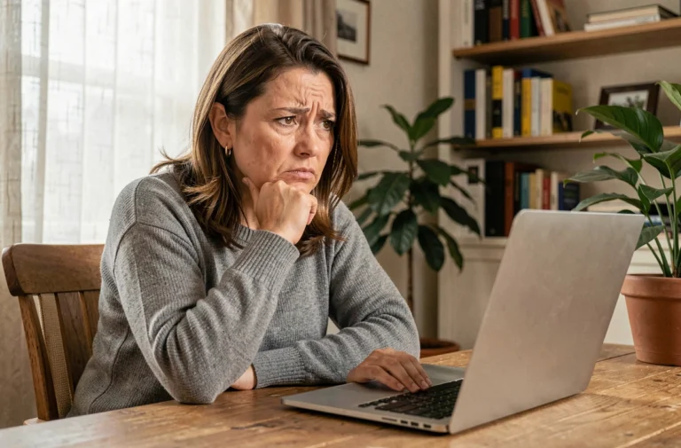 Femme inquiète devant son ordinateur portable détectant une arnaque en ligne liée à Maficheclasse