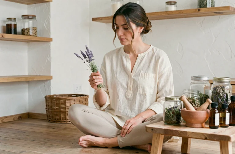 Femme pratiquant la naturopathie avec des herbes médicinales et des remèdes naturels dans une cuisine minimaliste
