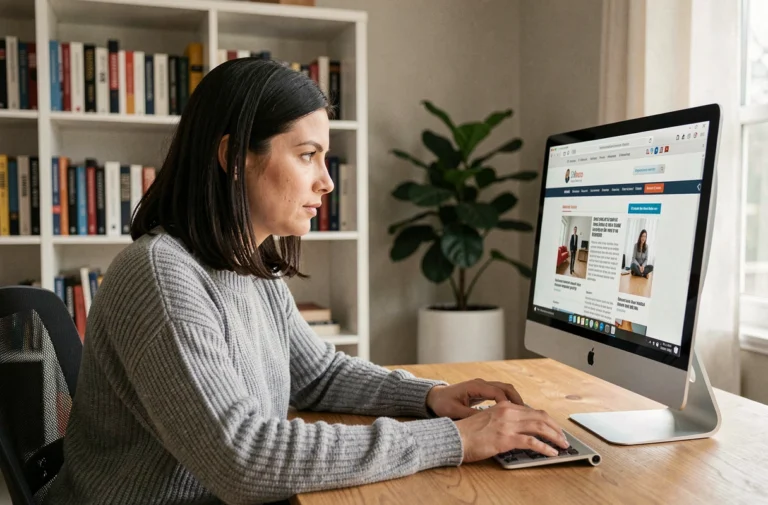 Femme analysant la structure d'un site d'actualités sur son ordinateur dans un bureau à domicile