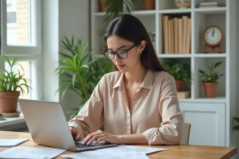 Femme consultant une plateforme d'achat de terrain en France sur son ordinateur portable dans un bureau à domicile moderne