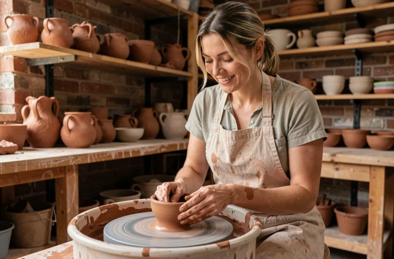 Femme pratiquant la poterie sur un tour dans un atelier artisanal rustique, loisir créatif tendance