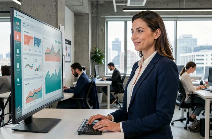 Femme professionnelle analysant des tableaux de bord de marketing digital sur un écran dans un bureau moderne