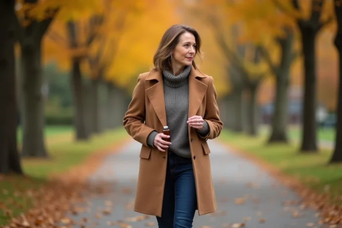 Femme en manteau camel tenant un flacon de complément naturel lors d'une promenade en parc automnal, symbolisant bien-être et gestion du poids