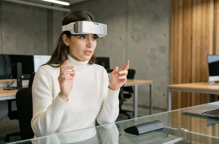 Femme en col roulé blanc utilisant un casque de réalité augmentée dans un bureau technologique moderne en 2024