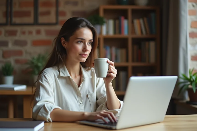 Jeune femme consultant les dernières tendances web sur son ordinateur portable dans un bureau moderne et chaleureux