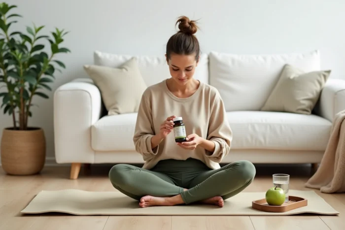 Femme lisant l'étiquette d'un complément à base de plantes sur un tapis de yoga, dans un intérieur minimaliste, dans le cadre d'une démarche minceur