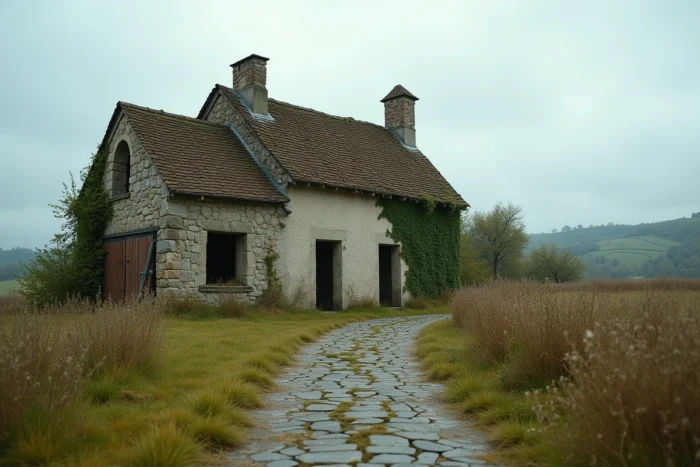 Ferme abandonnée en pierre en milieu rural français, envahie par la végétation avec une grange délabrée