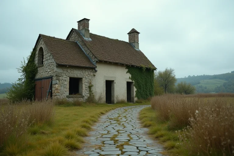 Ferme abandonnée en pierre en milieu rural français, envahie par la végétation avec une grange délabrée
