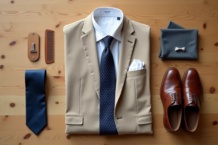 Flat lay d'un costume beige assorti à une cravate bleue marine, souliers Oxford marron et accessoires élégants