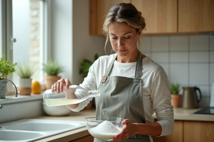 Femme versant du vinaigre sur du bicarbonate de soude dans un bol en verre pour créer une réaction mousseuse dans une cuisine moderne