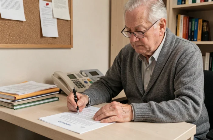 Homme âgé signant un acte de caution solidaire en tant que garant pour un locataire