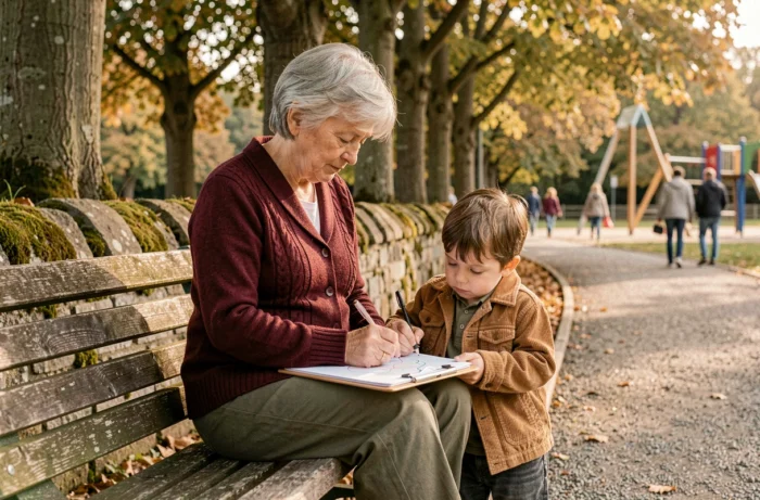 Grand-mère aidant un jeune enfant dans un parc public en Ille-et-Vilaine, soutien intergénérationnel familial